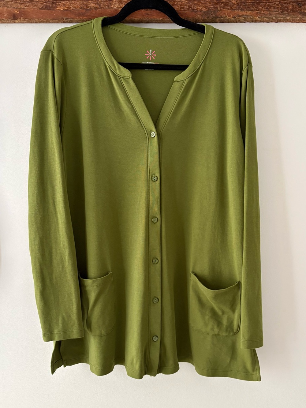 Issac Mizrahi—Green Soft Button Down Tunic Cardigan, Cotton Pima Blend (Large)